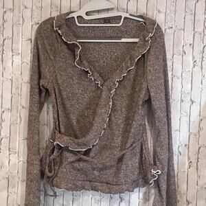 Boho- Chic Brown Wrap Knit Sweater with Ruffle Trim